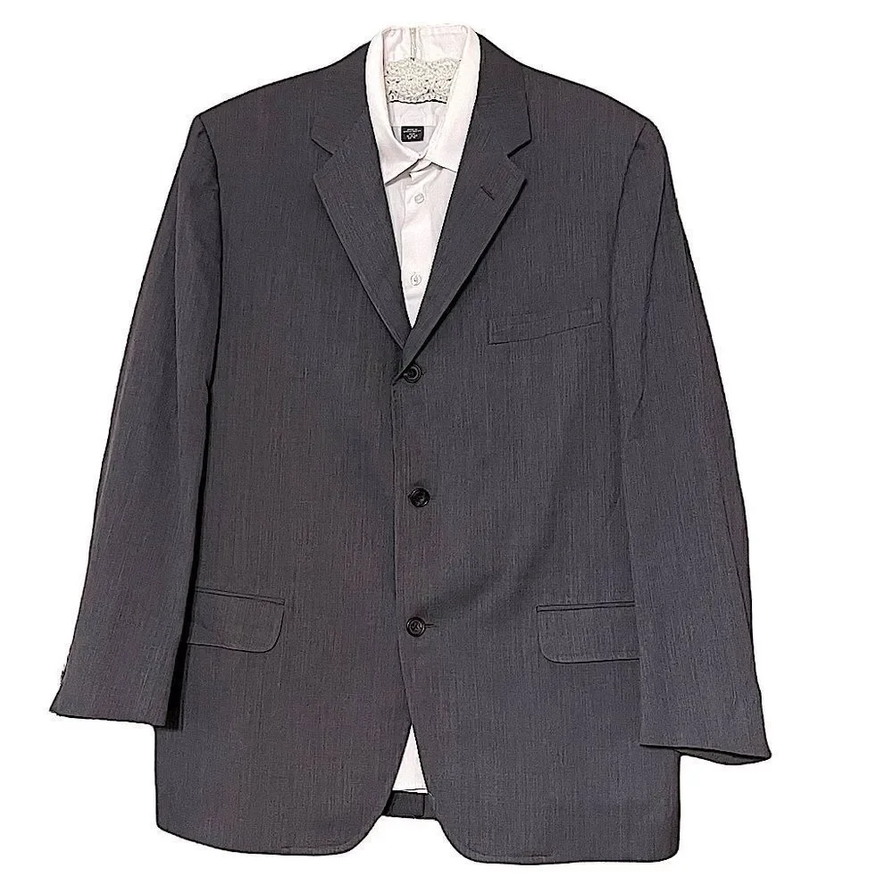 Vintage Single Breasted Mid-Grey Wool Dacron Mix Suit Jacket 42R